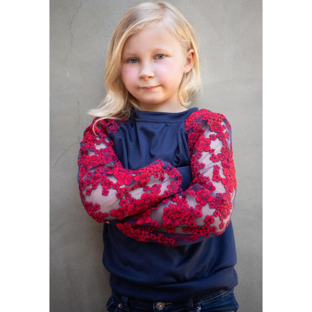 Eva Franco Kids Long Sleeve Navy Top with Mesh Embroidery for Girls